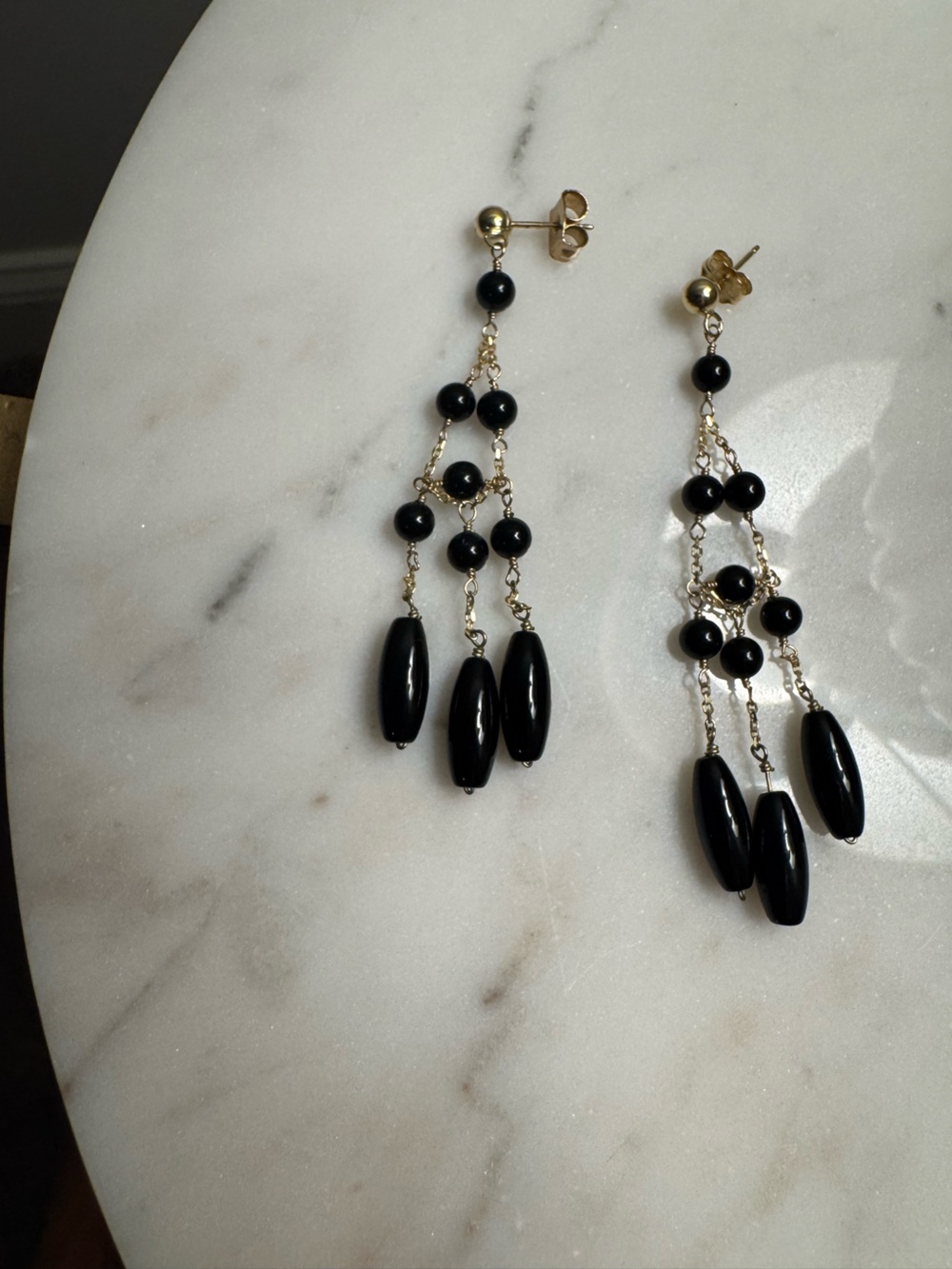 14kt Gold Black Onyx Triple-Chain Drop Earrings 2.28GTW
